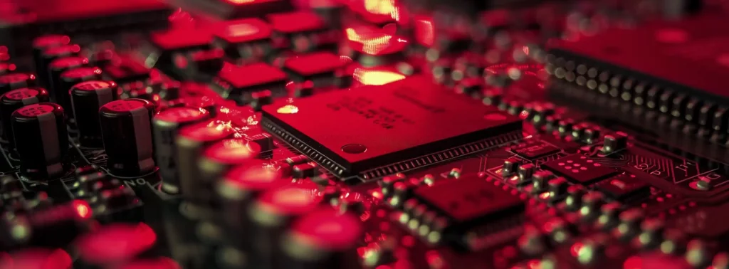 Nahaufnahme eines Computer-Motherboards in roter Beleuchtung, symbolisiert die OpenSSH RCE Schwachstelle CVE-2024-6387 und ihre Bedrohung für IT-Infrastrukturen.